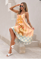 Plisowana wiskozowa Dress midi patterned Italian Palms błękitno-pink