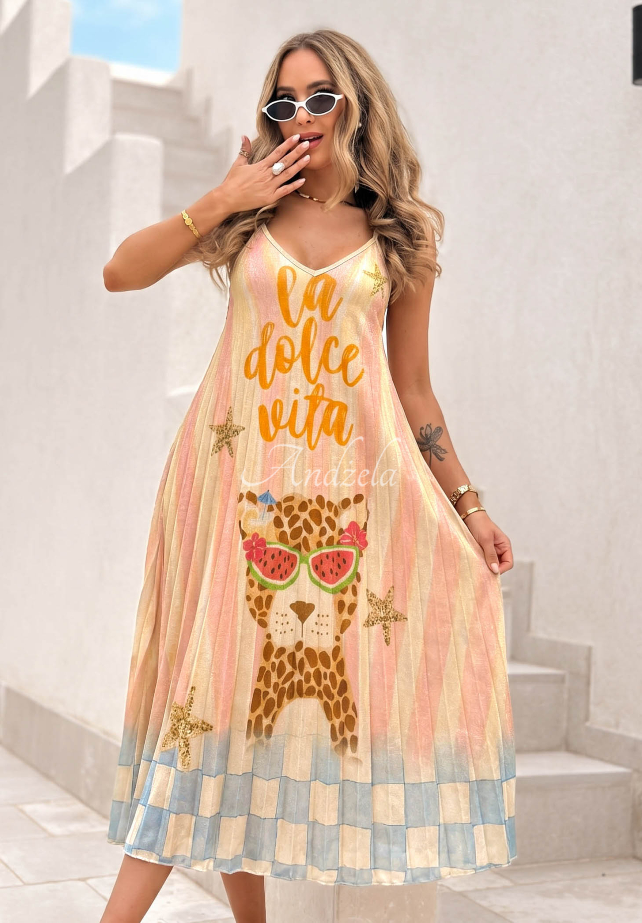 Pleated viscose midi dress with an Italian Palms pattern in blue and pink