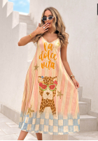 Plisowana wiskozowa Dress midi patterned Italian Palms błękitno-pink