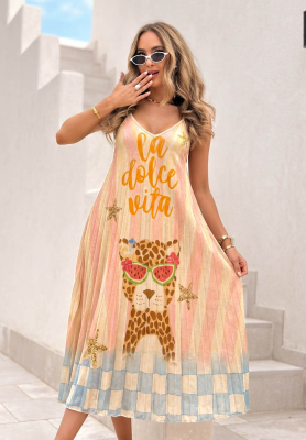 Pleated viscose midi dress with an Italian Palms pattern in blue and pink