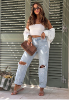 Spodnie jeansowe mom fit z przetarciami Just Basic jasnoniebieskie