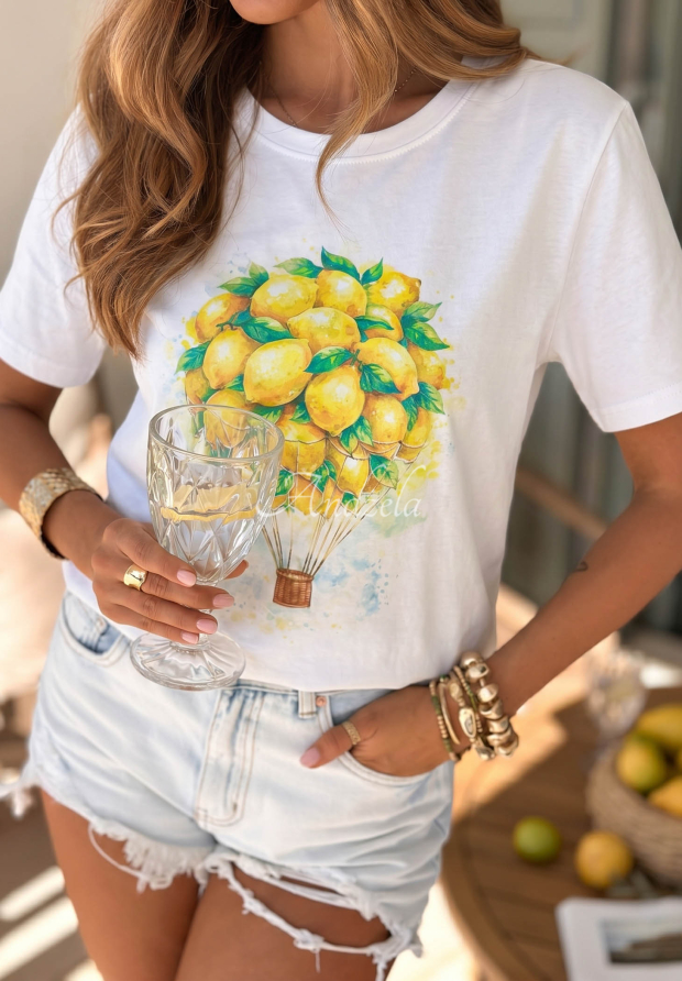 Bawełniany T-shirt z nadrukiem Lemonfull biało-ż&oacute;łty