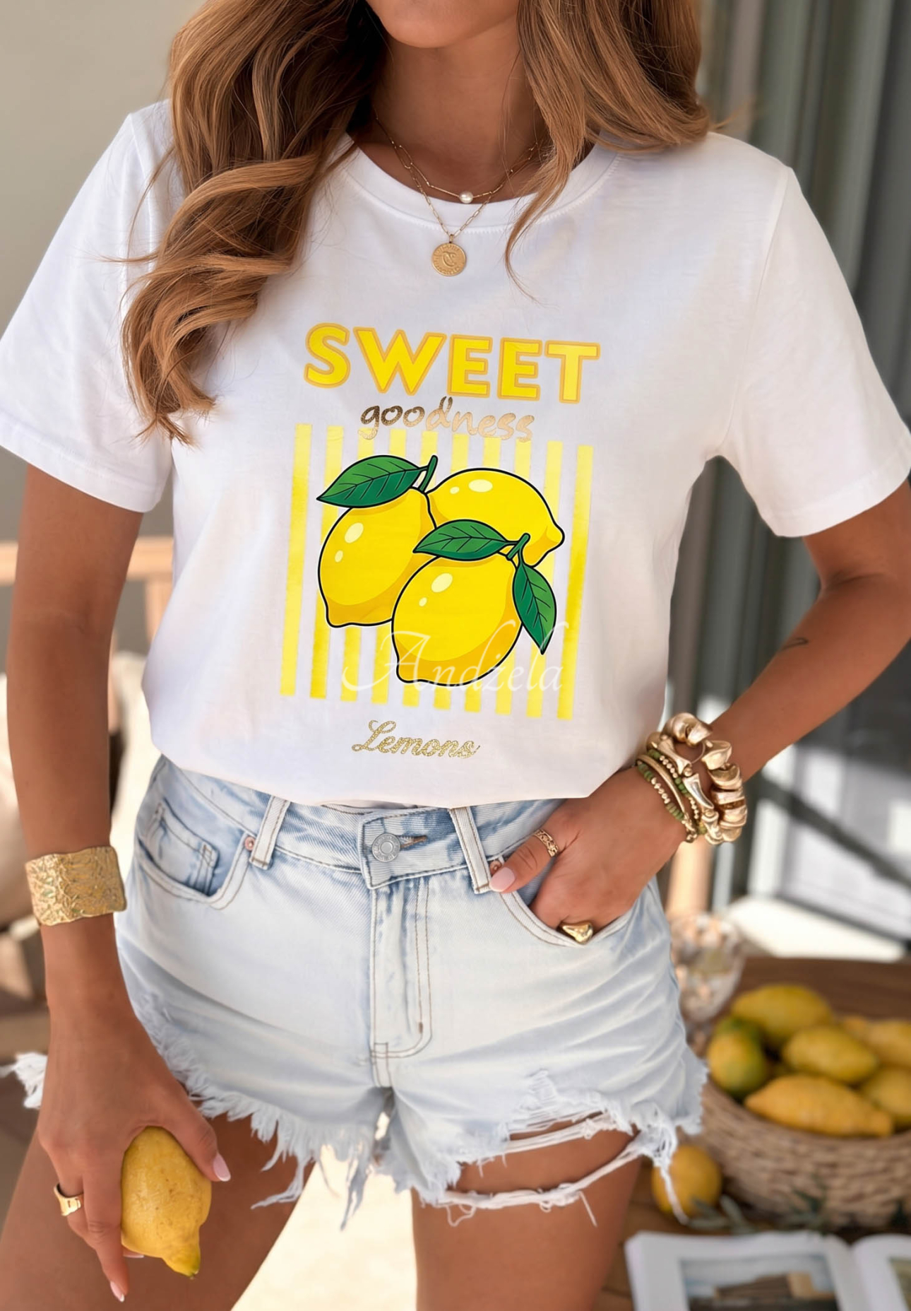 Cotton T-shirt with Sweet Goodness print, white and yellow