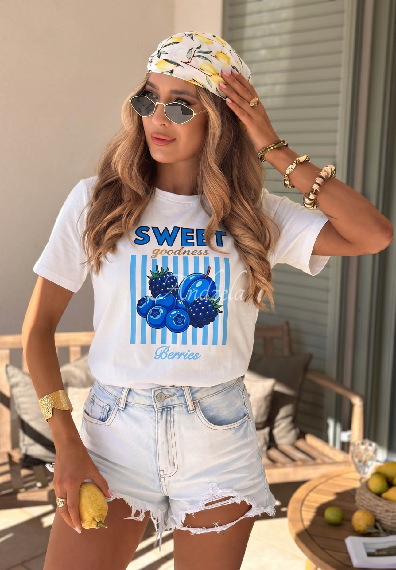 Cotton T-shirt with Sweet Goodness print, white and blue