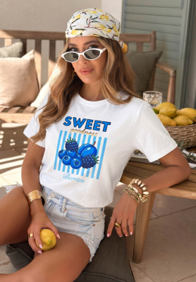 Cotton T-shirt with Sweet Goodness print, white and blue