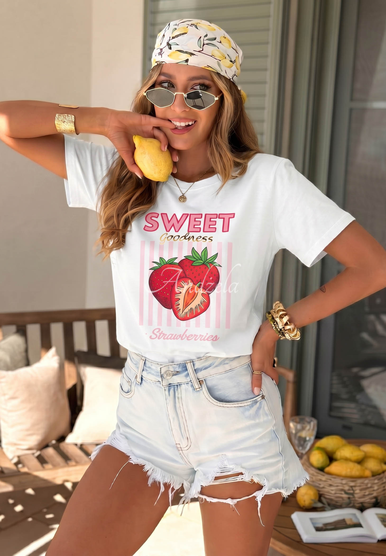Cotton T-shirt with Sweet Goodness print, white and pink