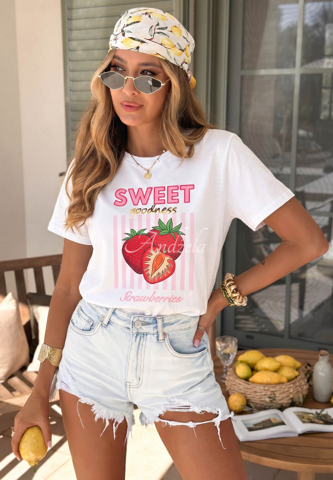 Cotton T-shirt with Sweet Goodness print, white and pink