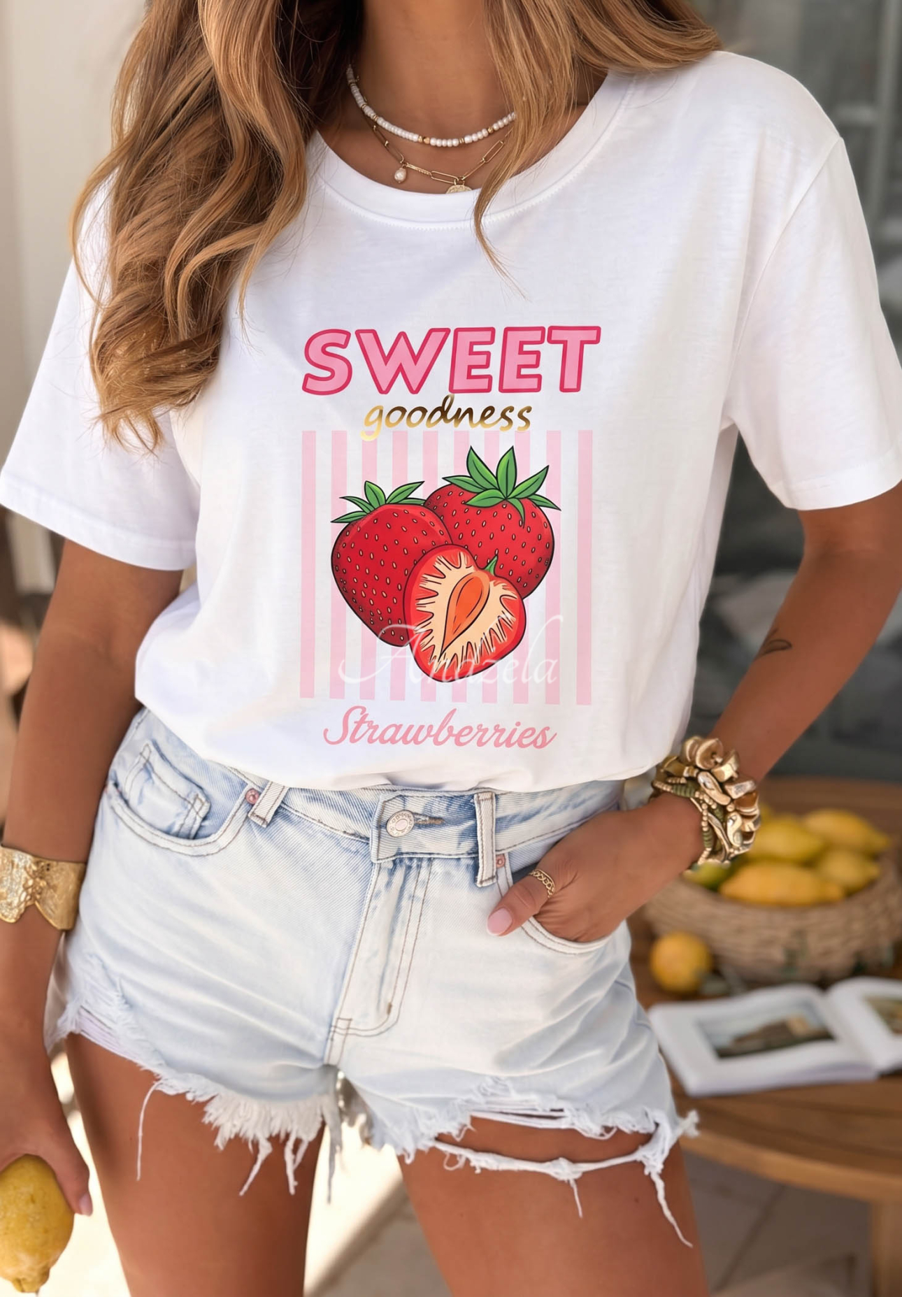 Cotton T-shirt with Sweet Goodness print, white and pink