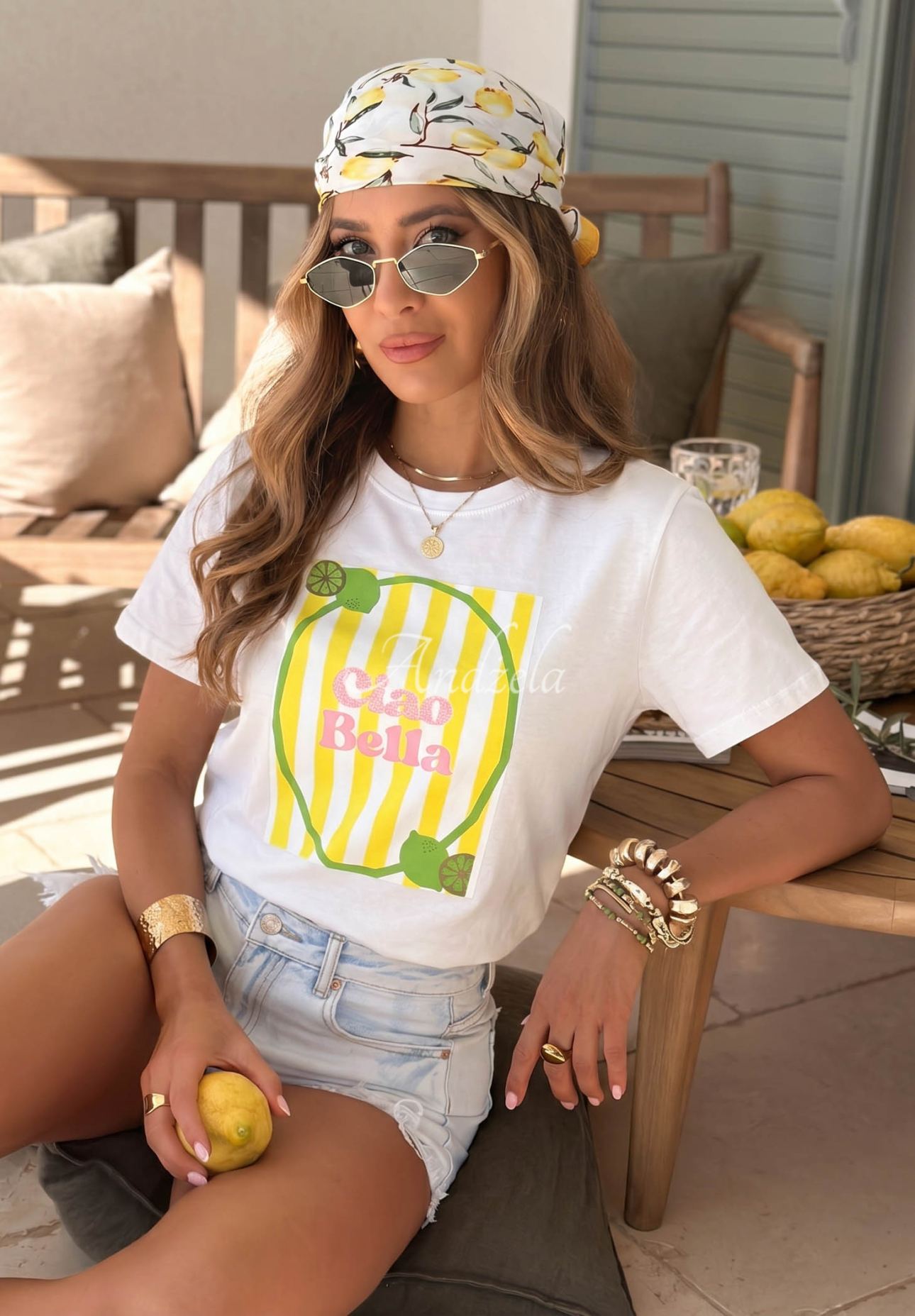 Cotton T-shirt with Ciao Bellissima print, white and yellow