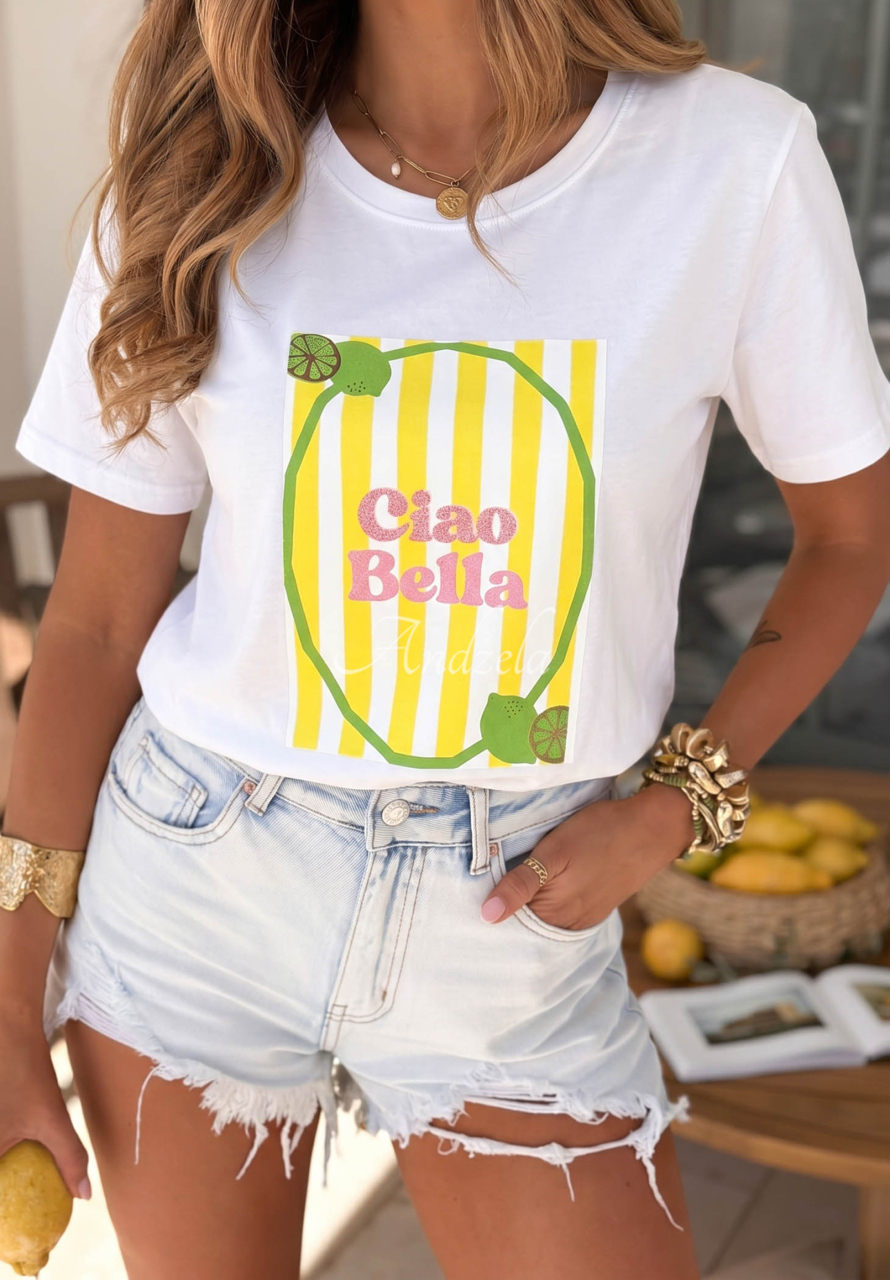 Cotton T-shirt with Ciao Bellissima print, white and yellow