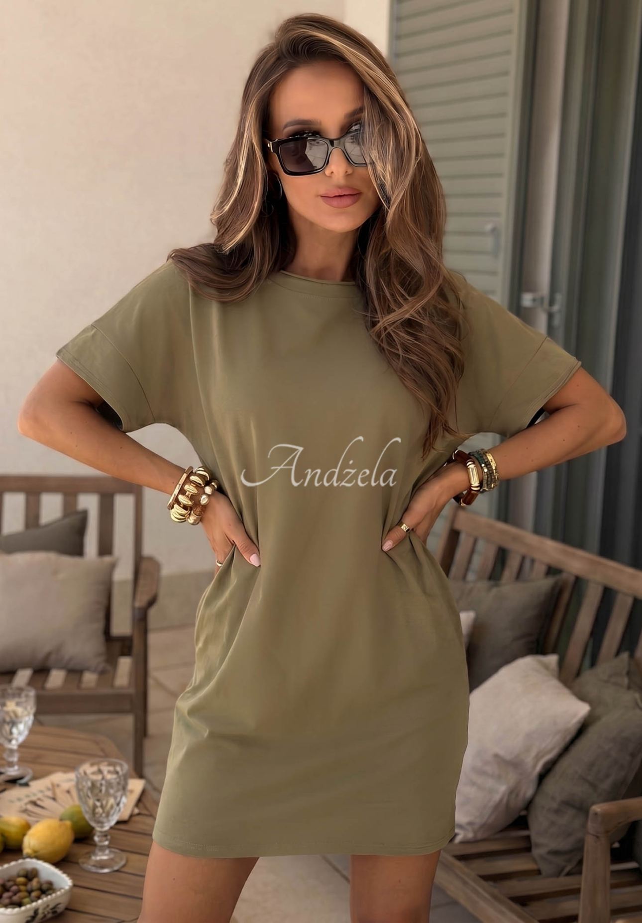 Viva Oliva olive-green cotton dress with short sleeves