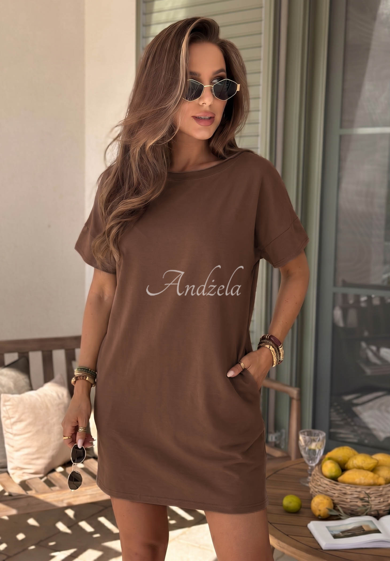 Viva Oliva Chocolate-Colored Cotton Short-Sleeve Dress