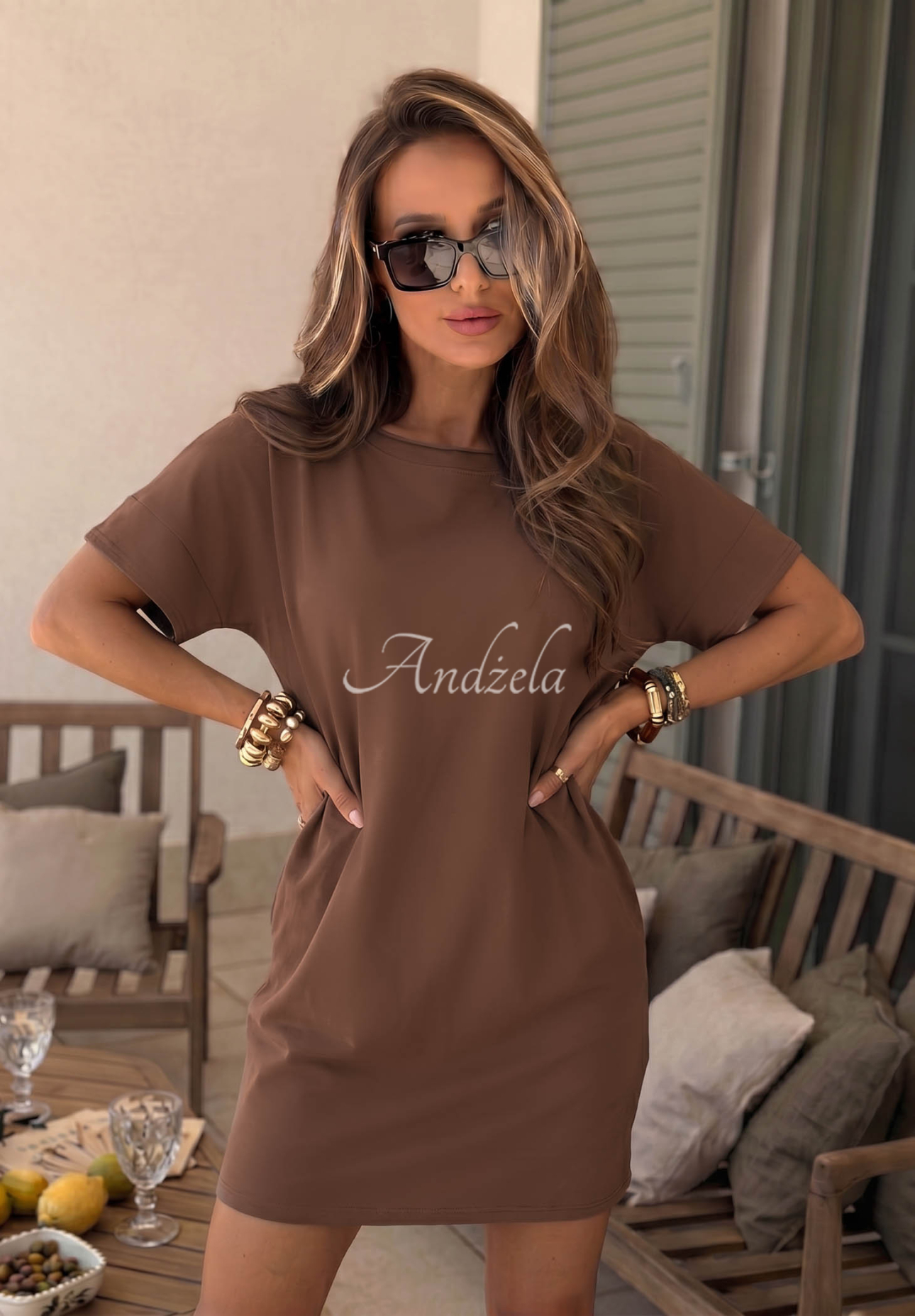 Viva Oliva Chocolate-Colored Cotton Short-Sleeve Dress