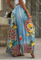 Materiałowe spodnie wide leg we wzory You're My Favourite niebieskie