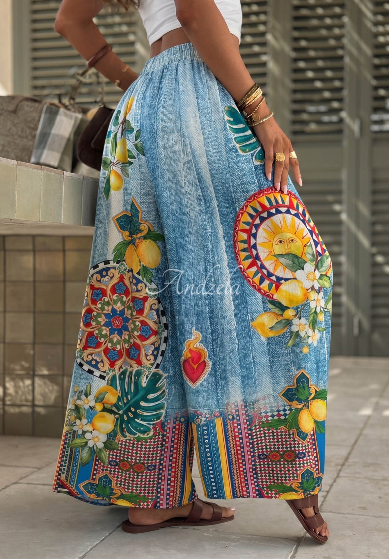 Blue wide-leg fabric pants with "You're My Favourite" print