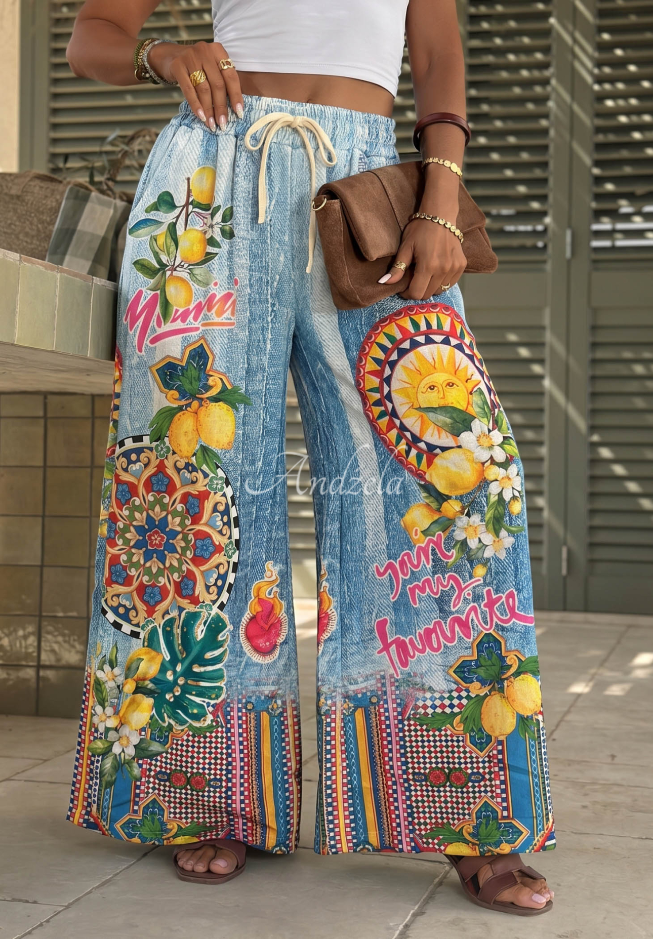 Blue wide-leg fabric pants with "You're My Favourite" print