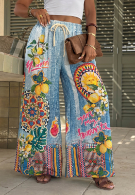 Blue wide-leg fabric pants with "You're My Favourite" print