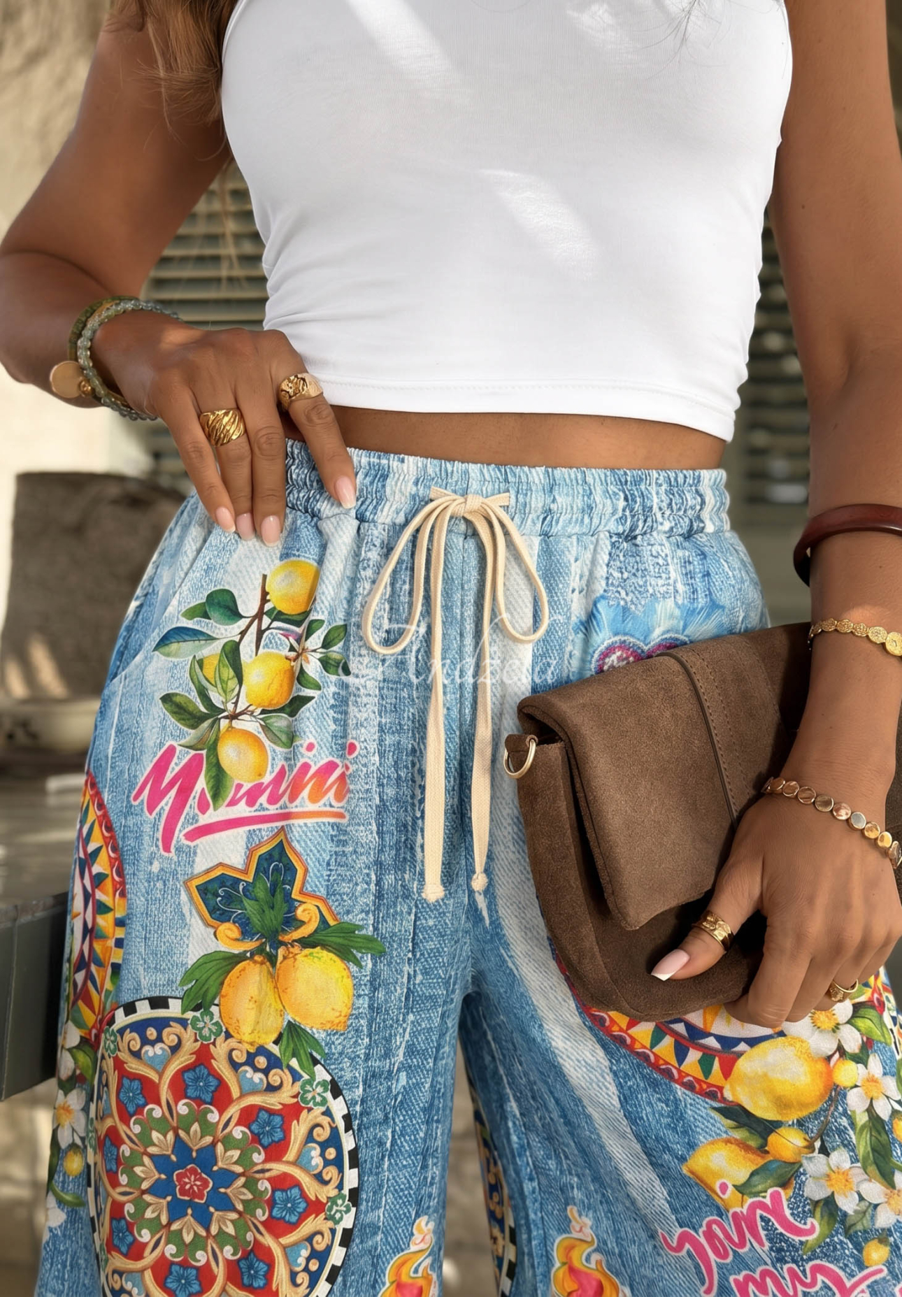 Blue wide-leg fabric pants with "You're My Favourite" print