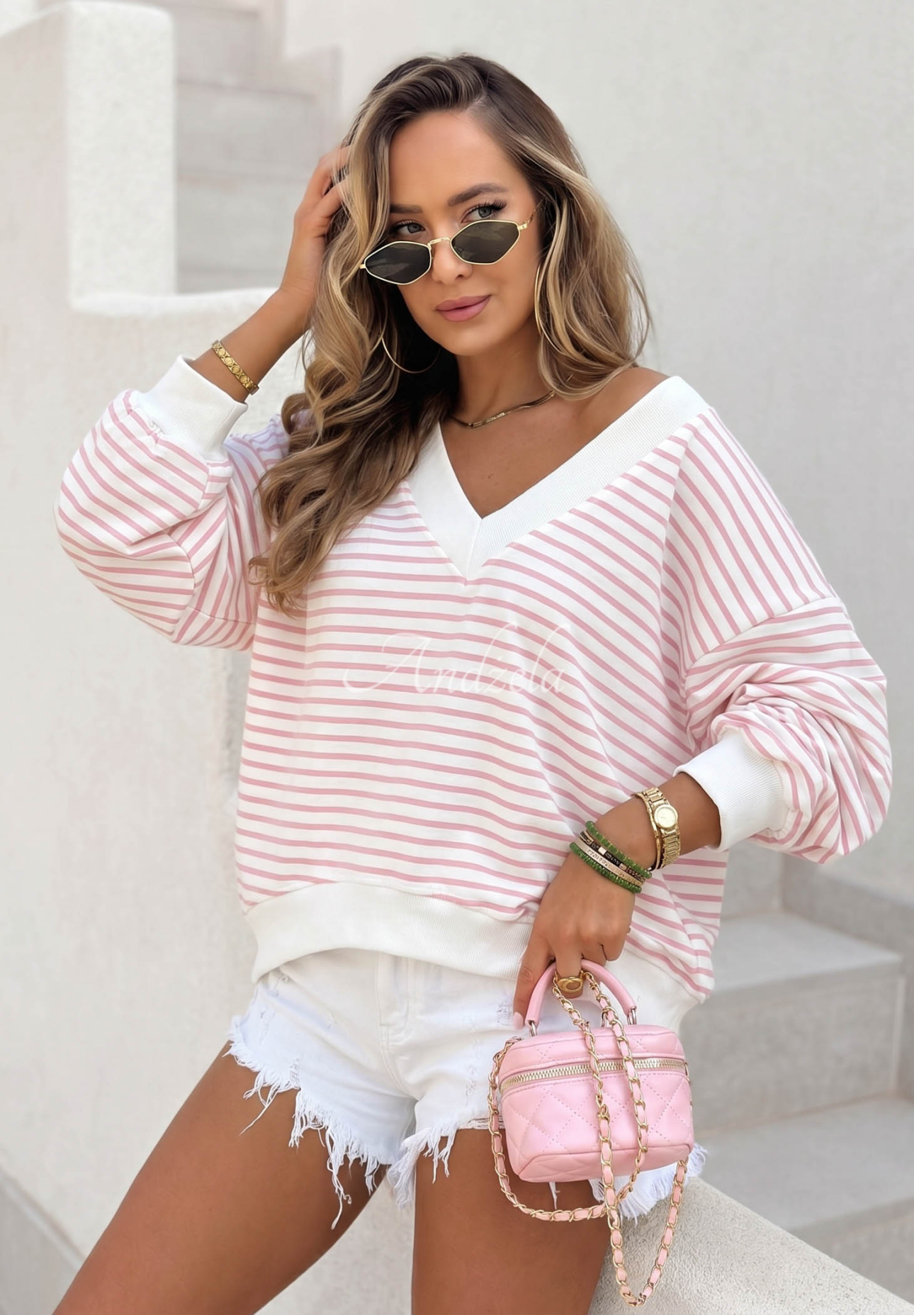Asymmetrical striped cotton sweatshirt Naomi white and pink