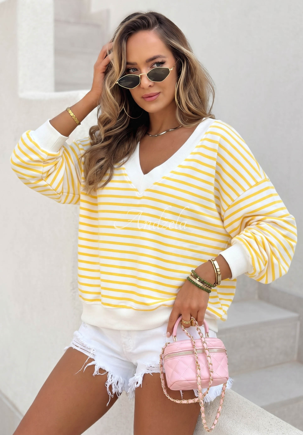 Asymmetrical striped cotton sweatshirt Naomi white and yellow