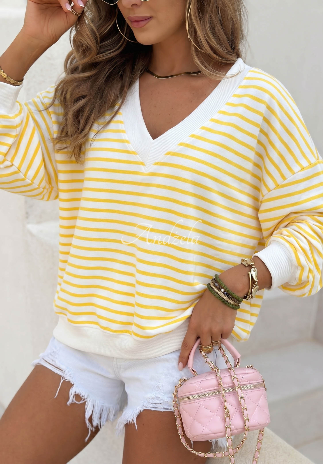 Asymmetrical striped cotton sweatshirt Naomi white and yellow