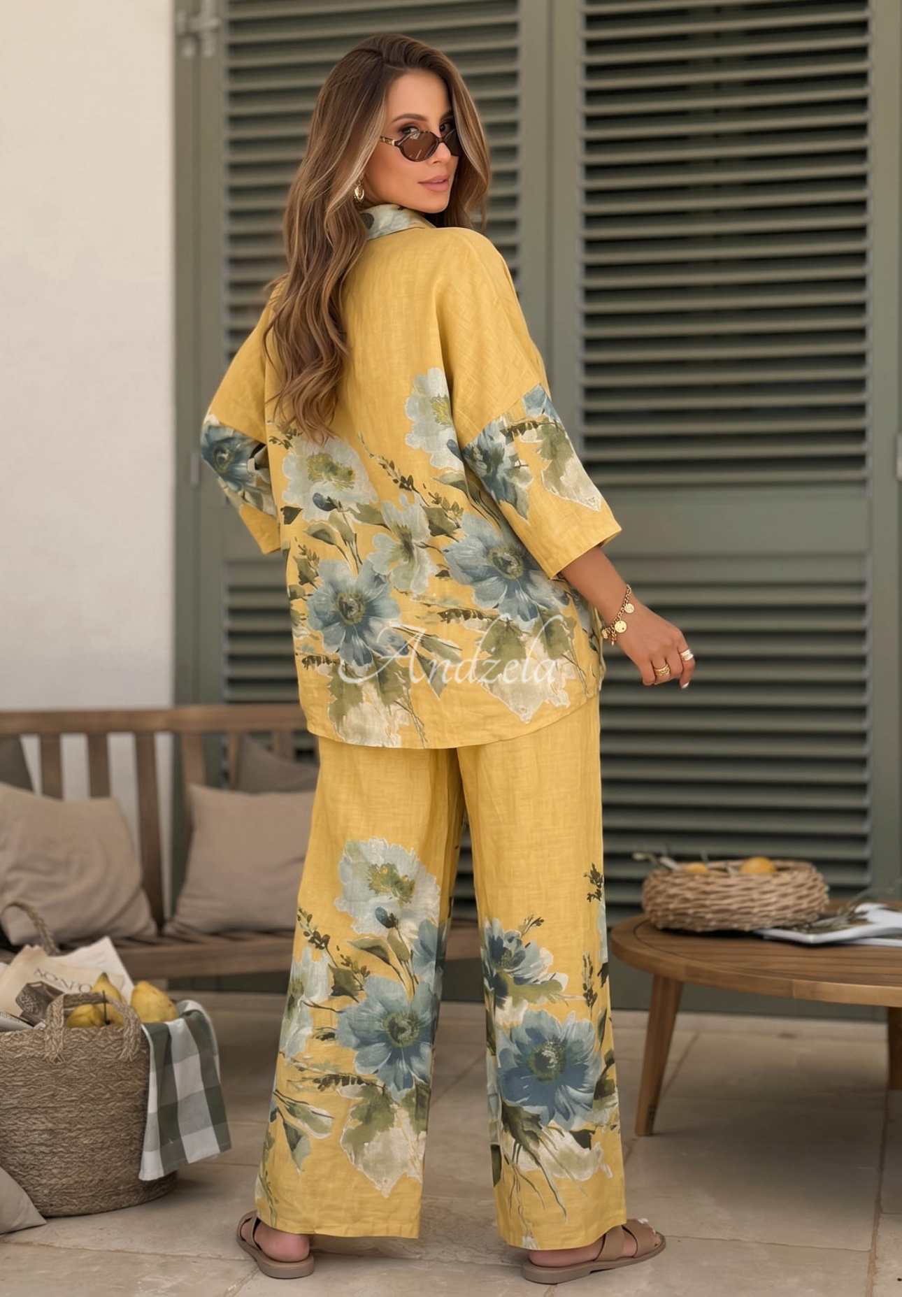 Linen shirt and pants set with yellow sunflower print