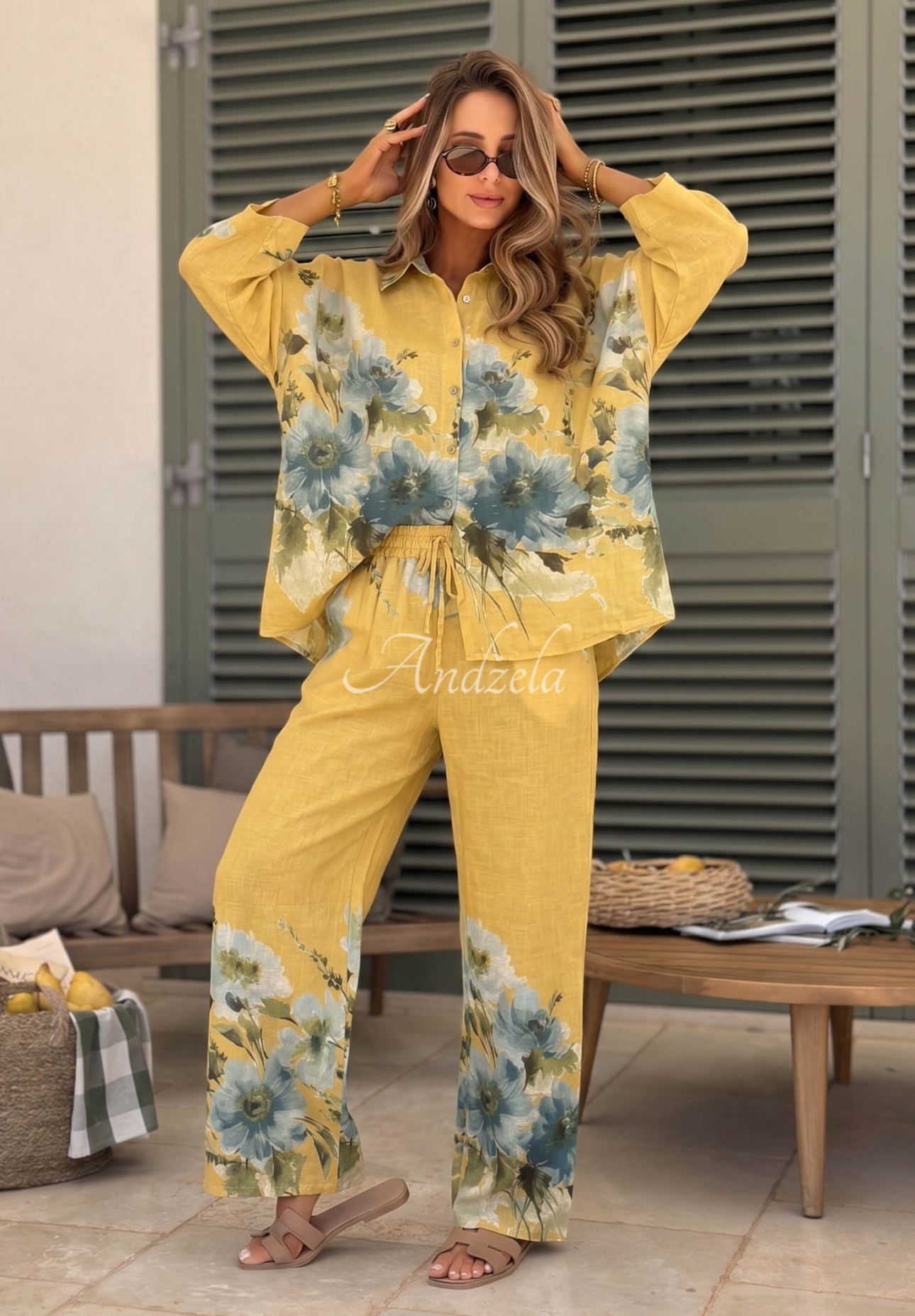 Linen shirt and pants set with yellow sunflower print