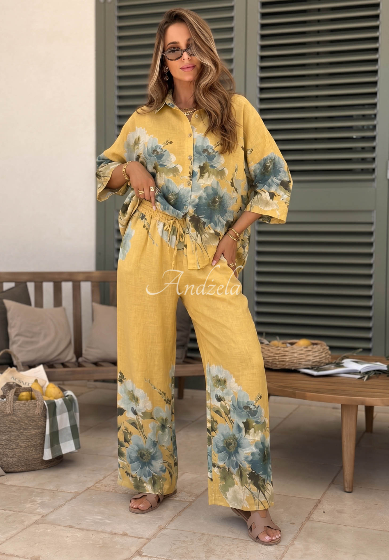 Linen shirt and pants set with yellow sunflower print