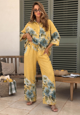 Linen shirt and pants set with yellow sunflower print