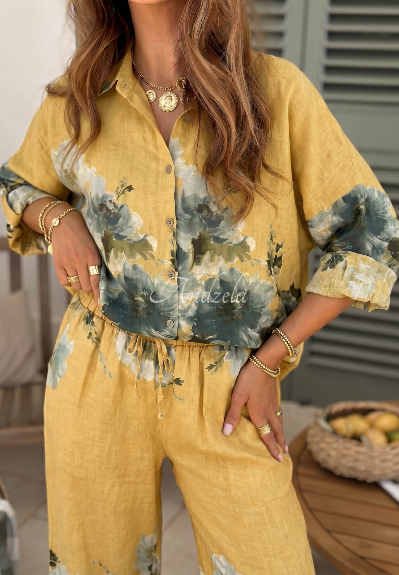 Linen shirt and pants set with yellow sunflower print