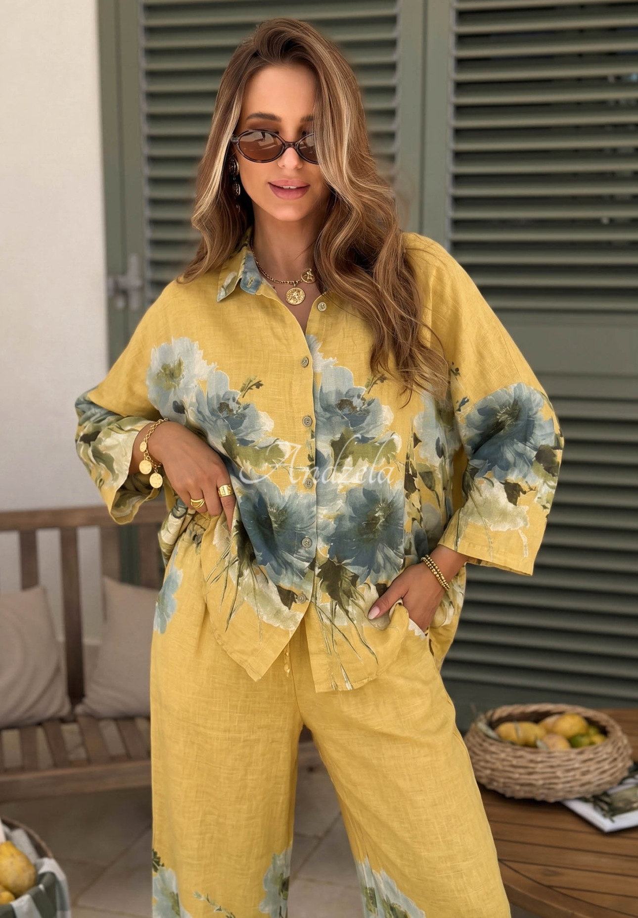 Linen shirt and pants set with yellow sunflower print