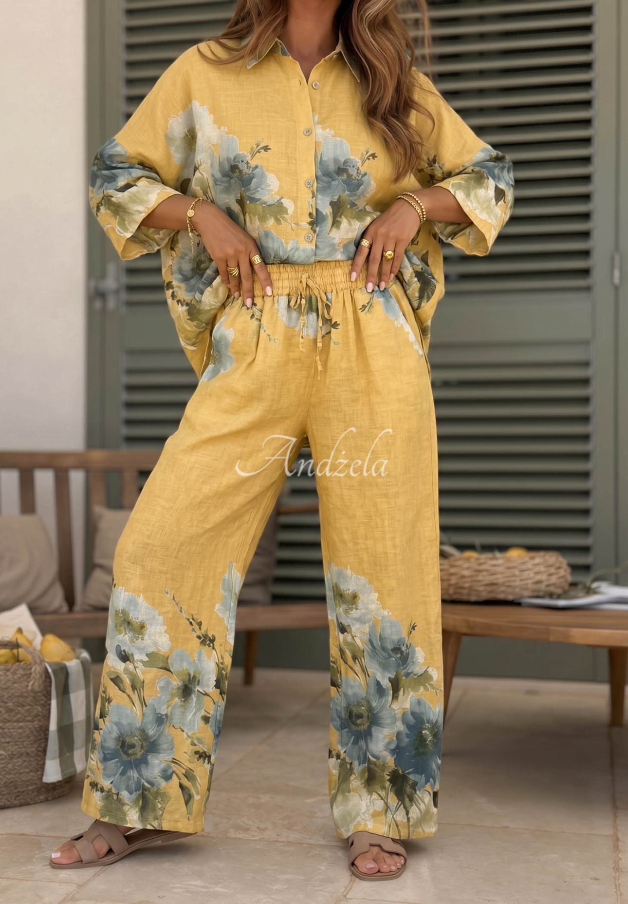 Linen shirt and pants set with yellow sunflower print
