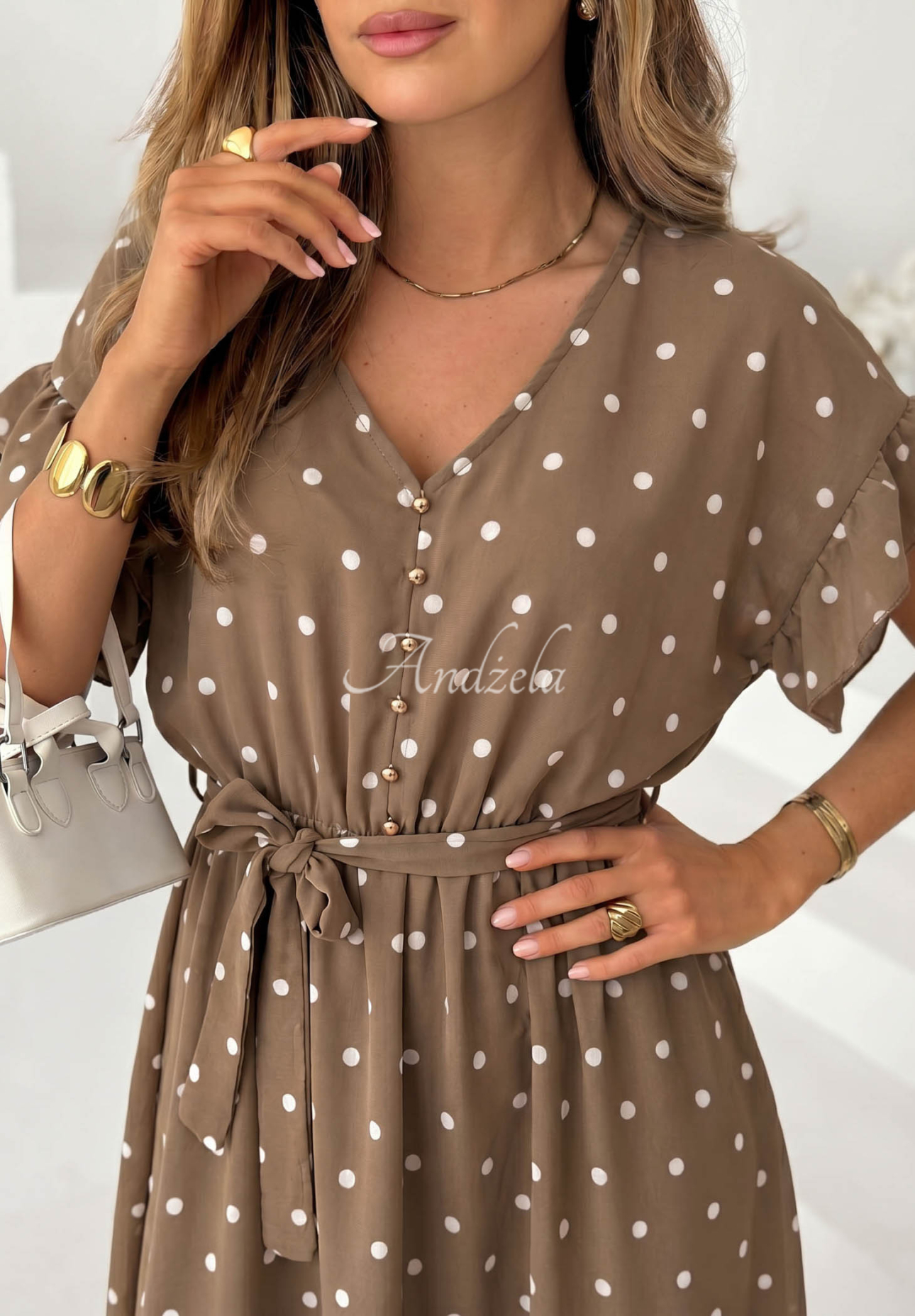 Polka-dot dress with a belt and viscose by Take A Chance in mocha