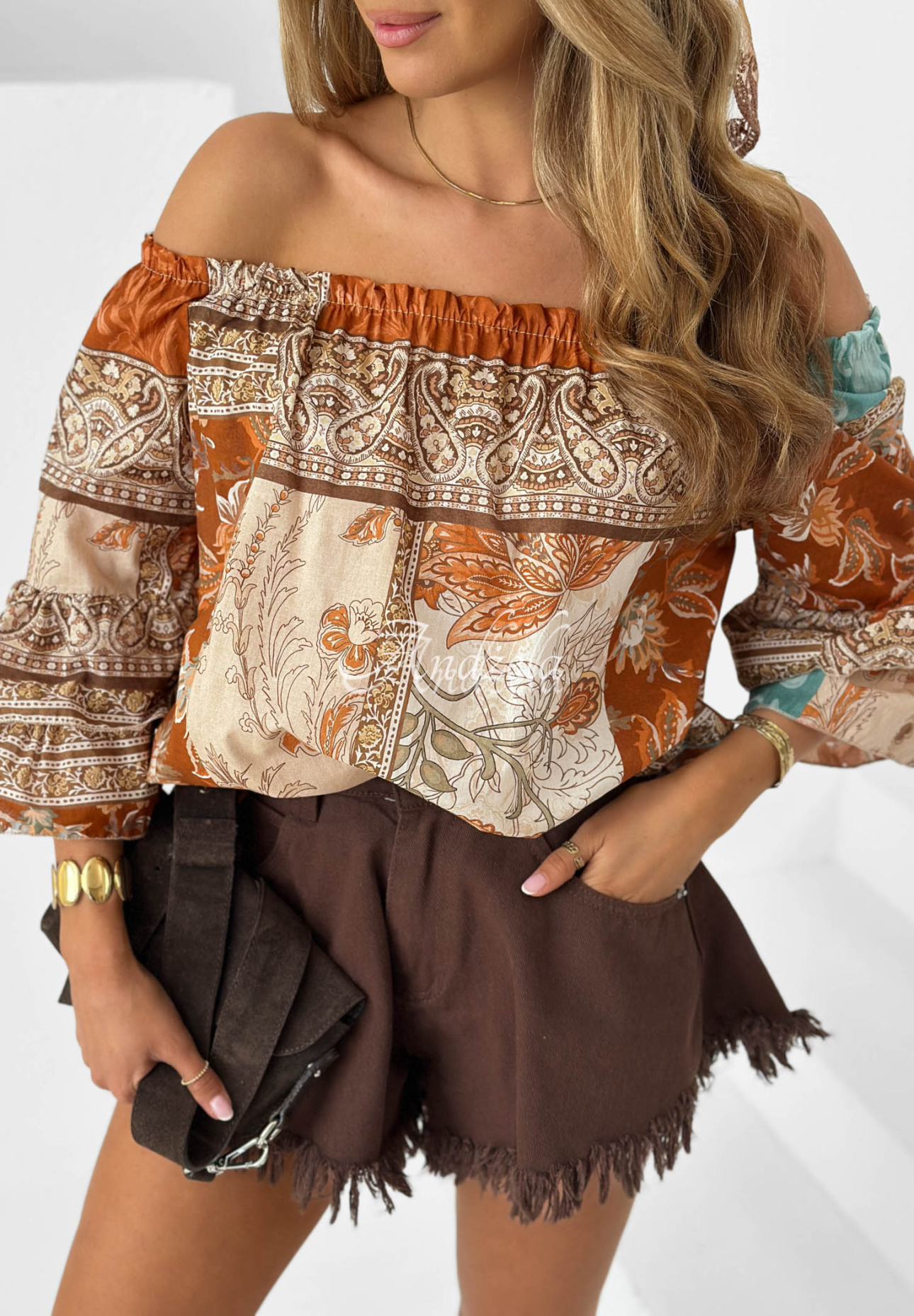 Camel-colored Mia Cara cotton off-the-shoulder blouse with ruffles