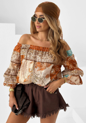 Camel-colored Mia Cara cotton off-the-shoulder blouse with ruffles