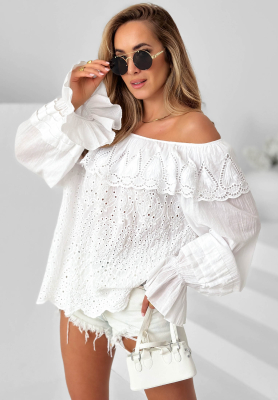 White Summer Seaside Boho Off-the-Shoulder Openwork Cotton Blouse