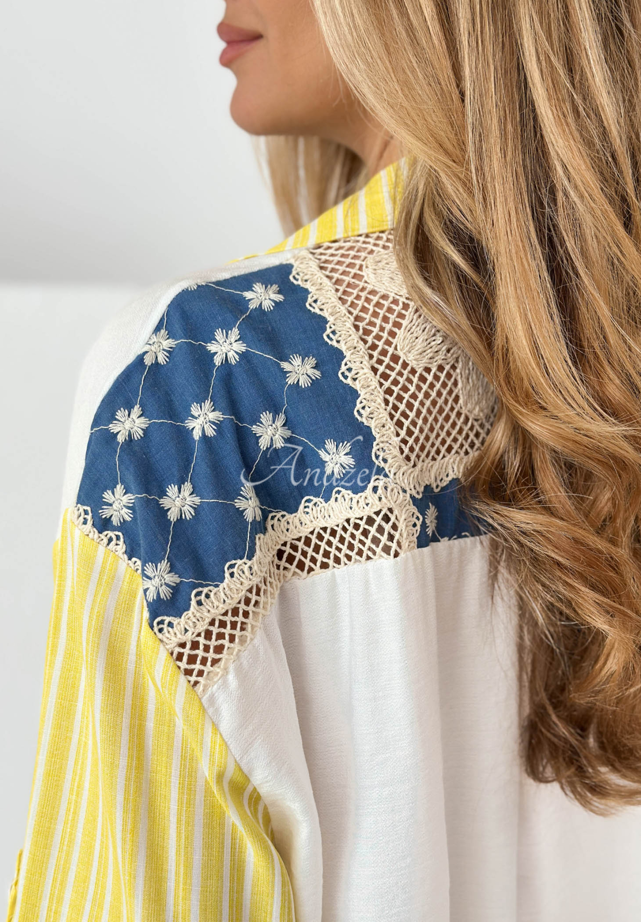 Oversized Shirt with Embroidery and Stripes: Island Paradise (White and Yellow)