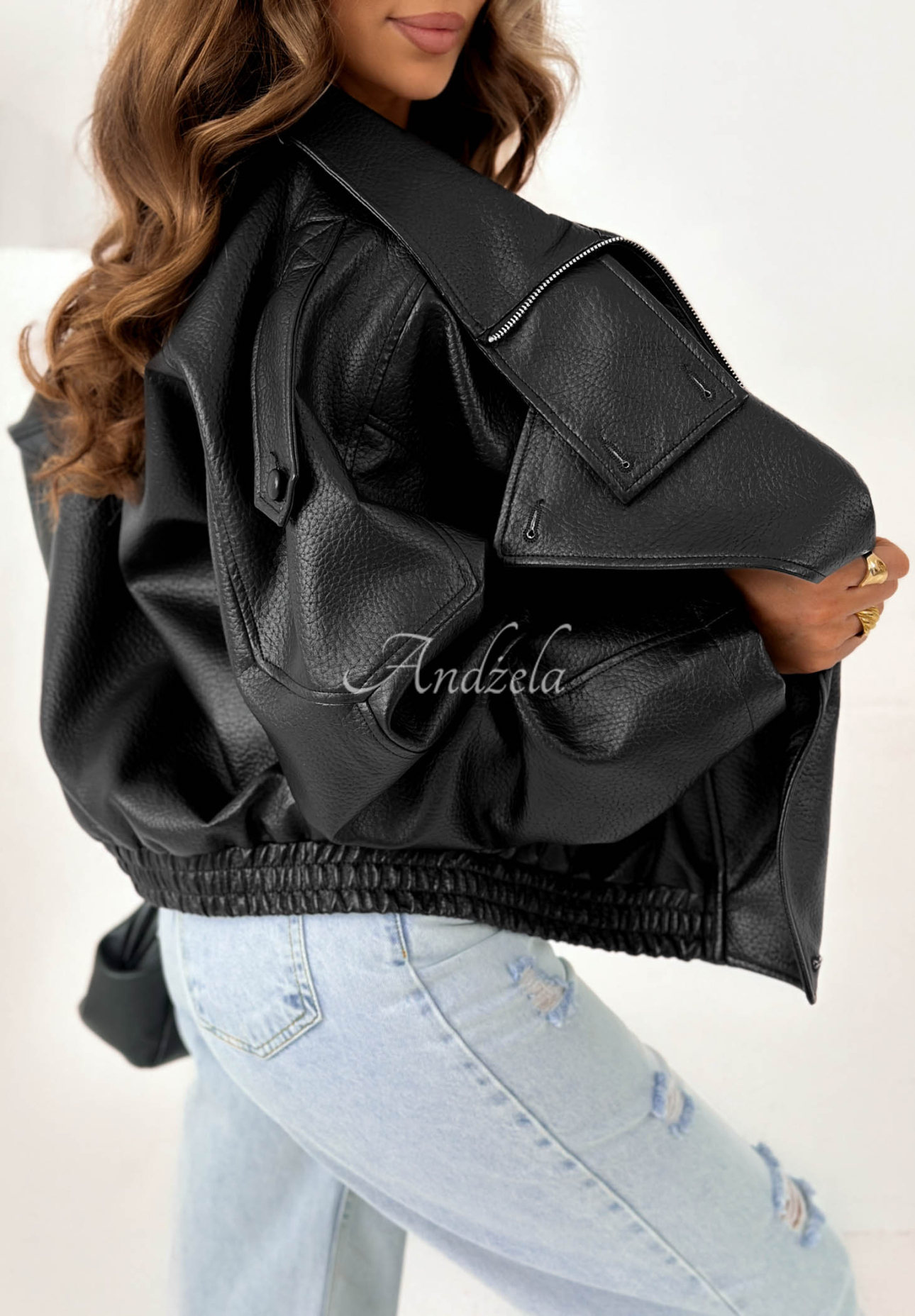 Amber Mood Black Leather Jacket with Drawstring