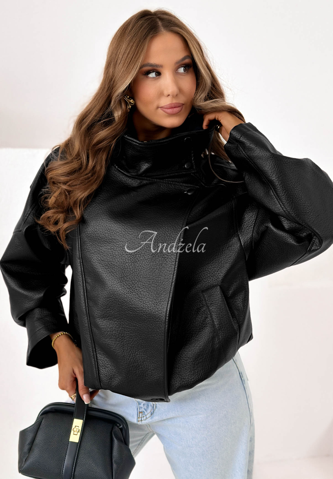 Amber Mood Black Leather Jacket with Drawstring