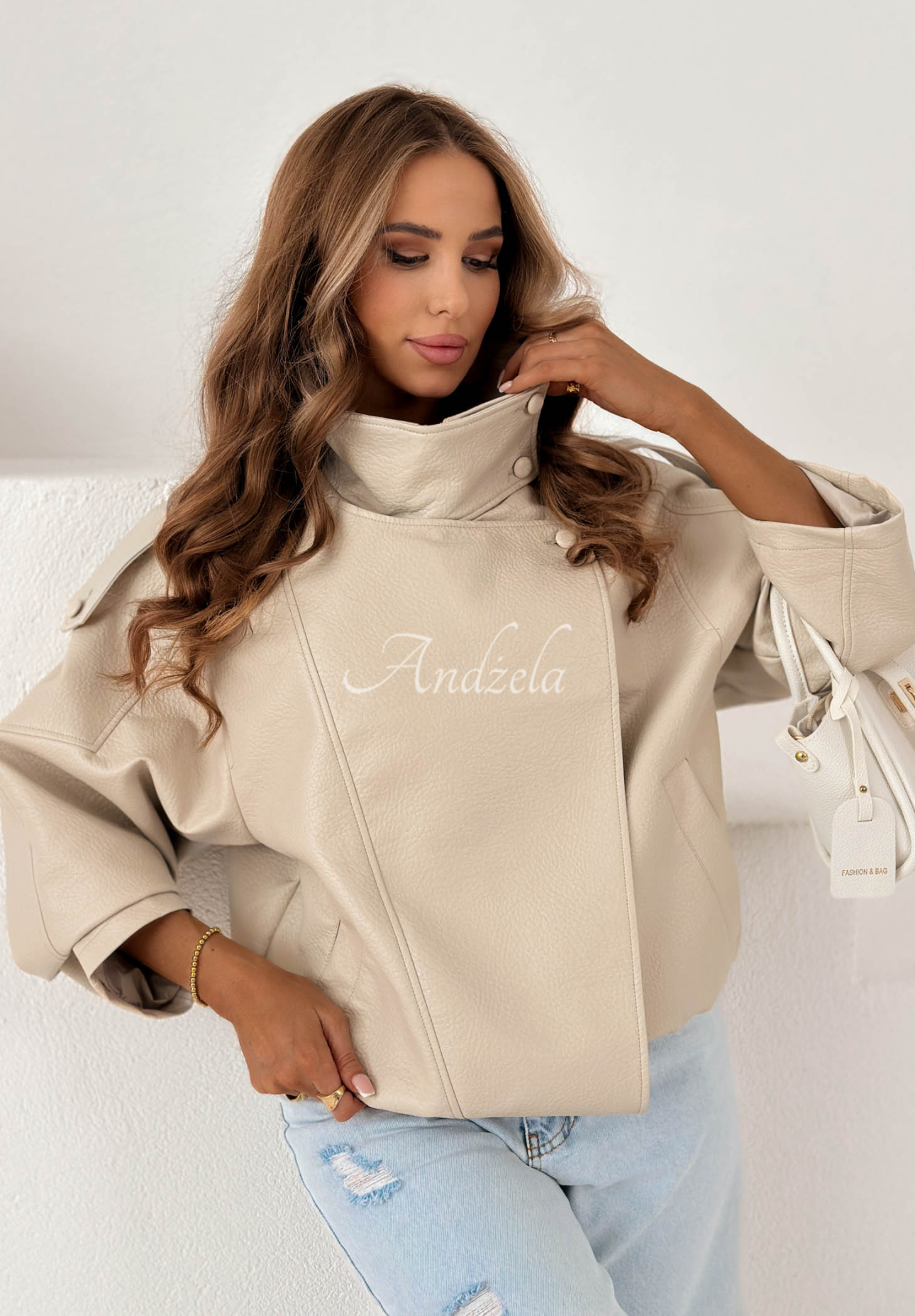 Amber Mood Beige Leather Jacket with Drawstring