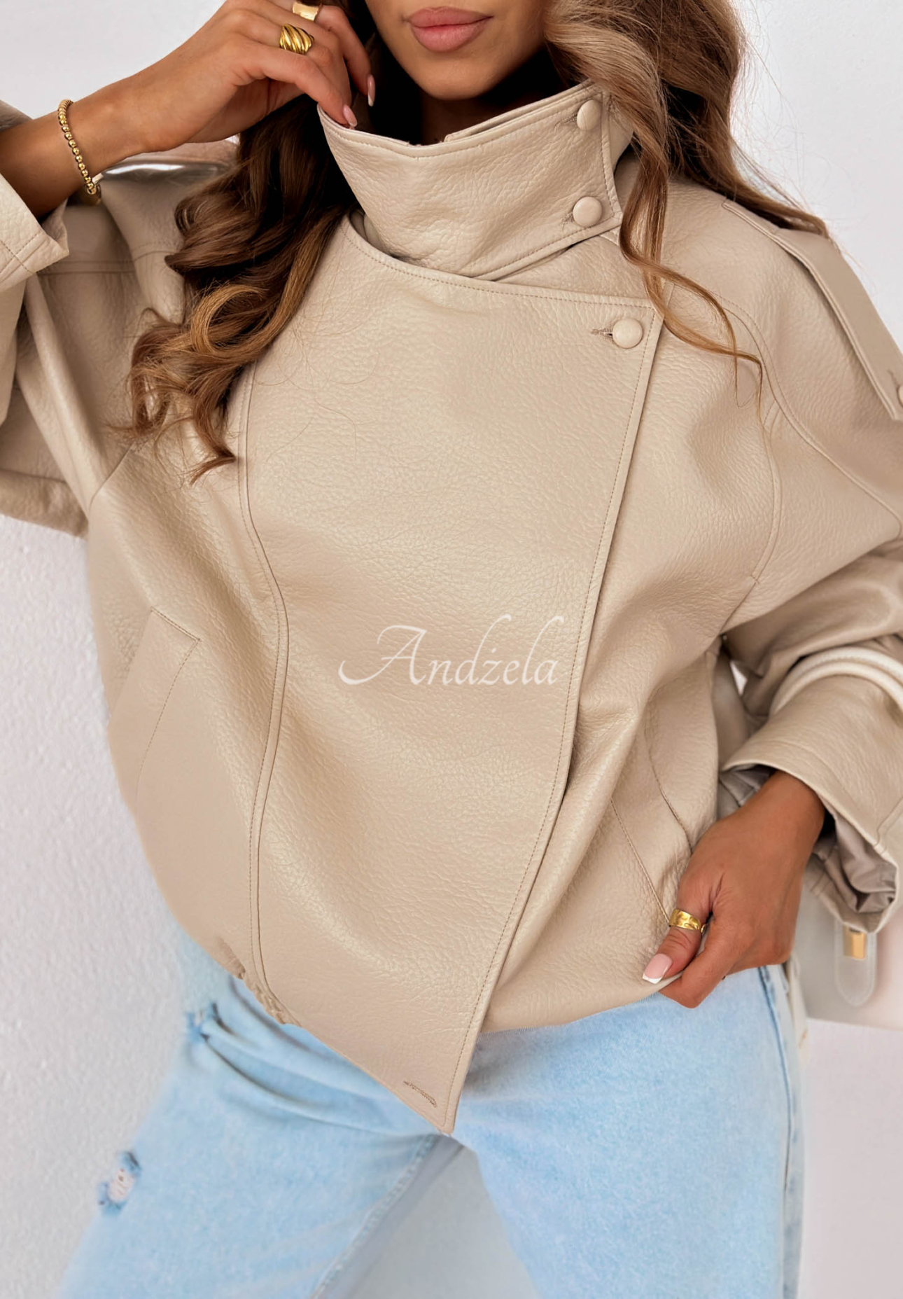 Amber Mood Beige Leather Jacket with Drawstring