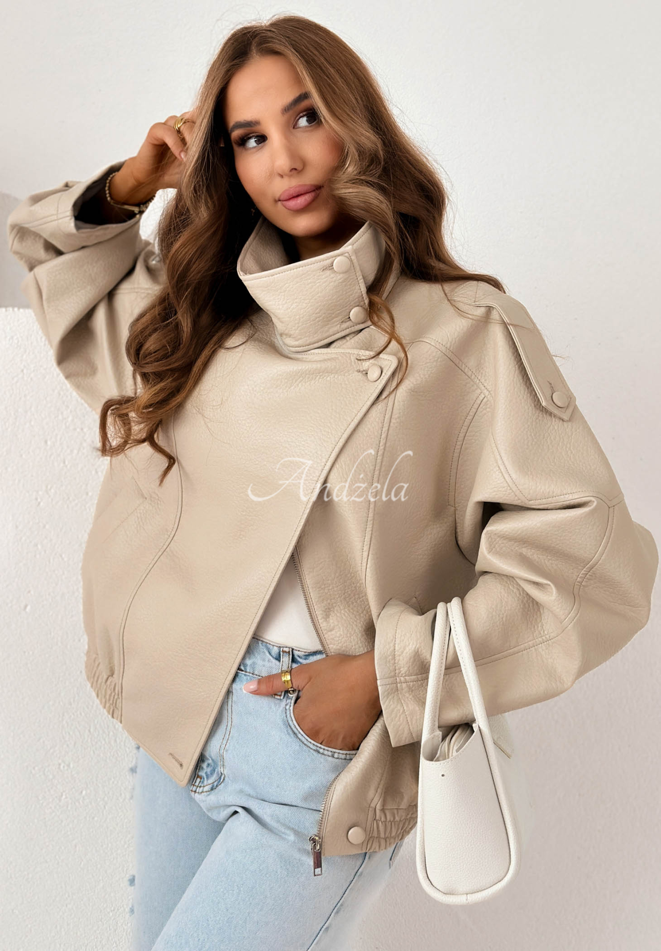 Amber Mood Beige Leather Jacket with Drawstring