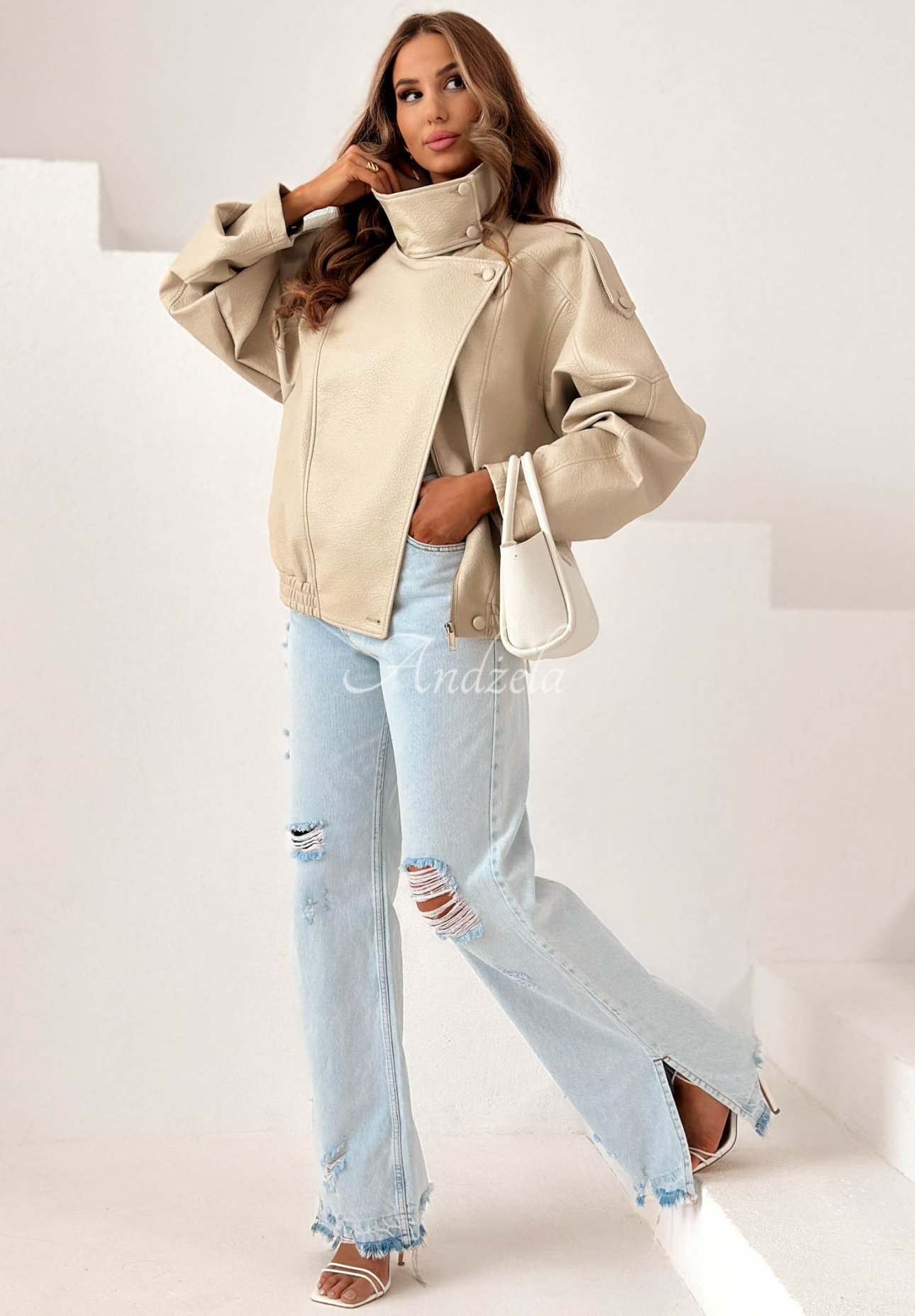 Amber Mood Beige Leather Jacket with Drawstring