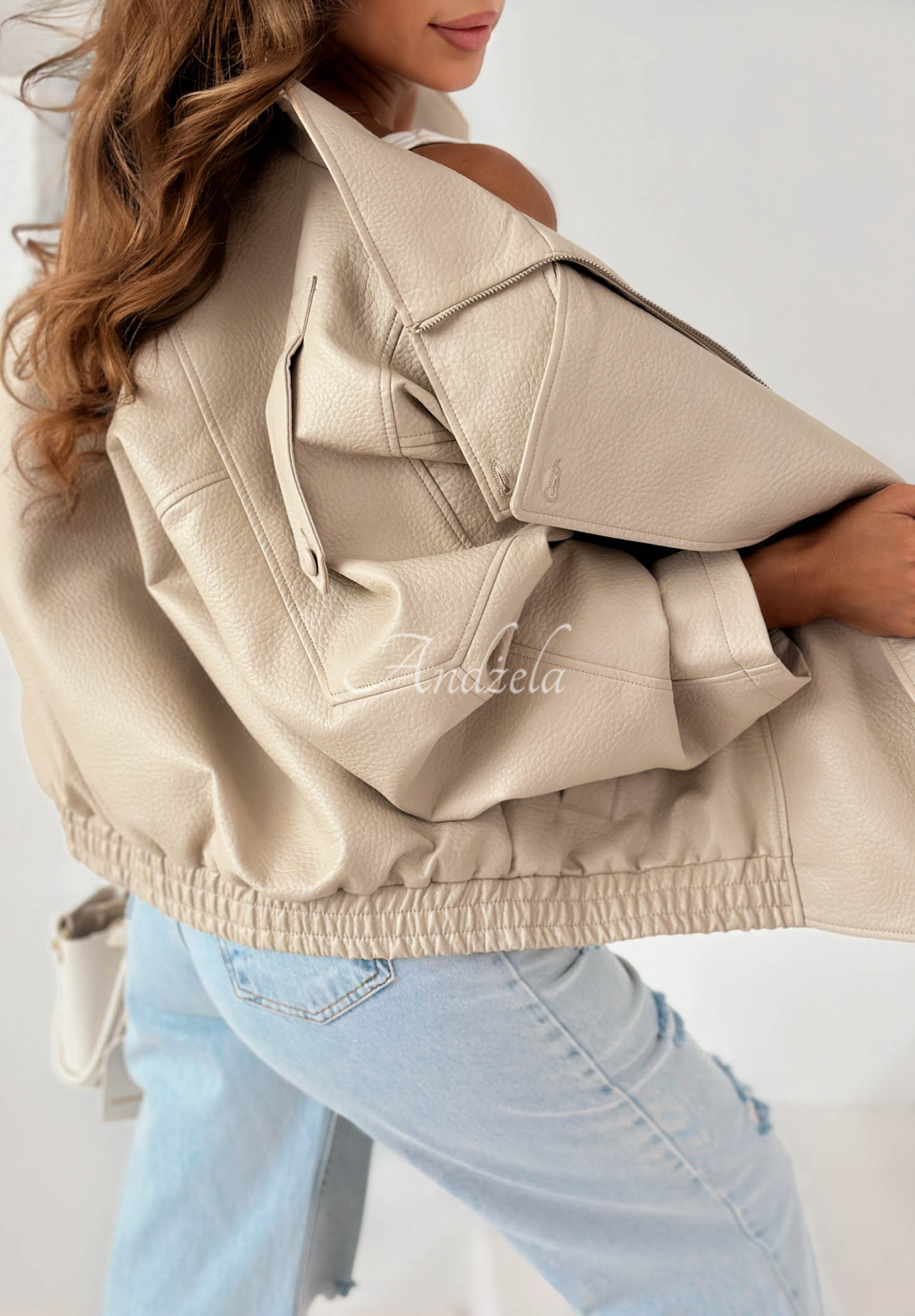 Amber Mood Beige Leather Jacket with Drawstring