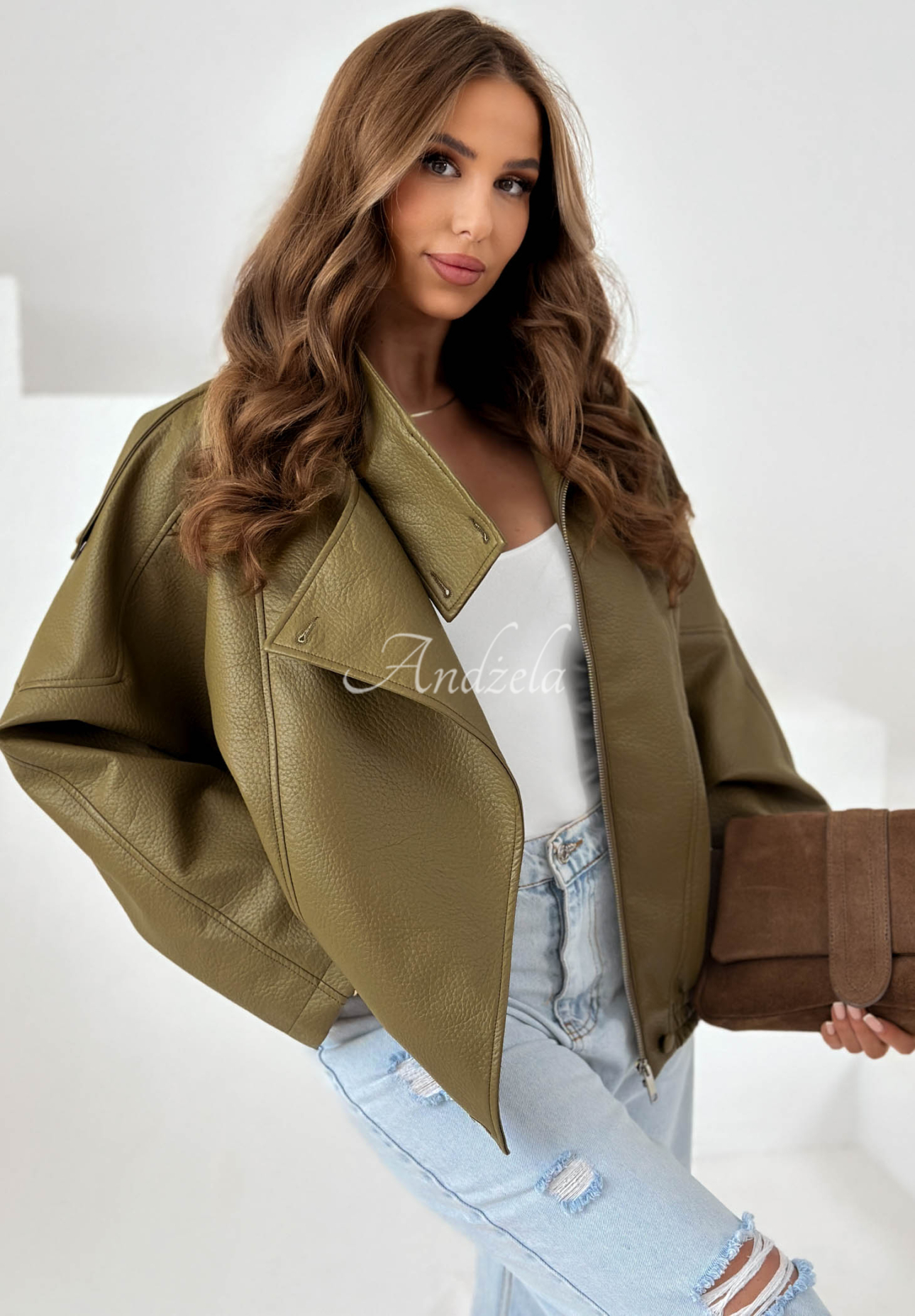 Amber Mood Olive Green Leather Jacket with Drawstring