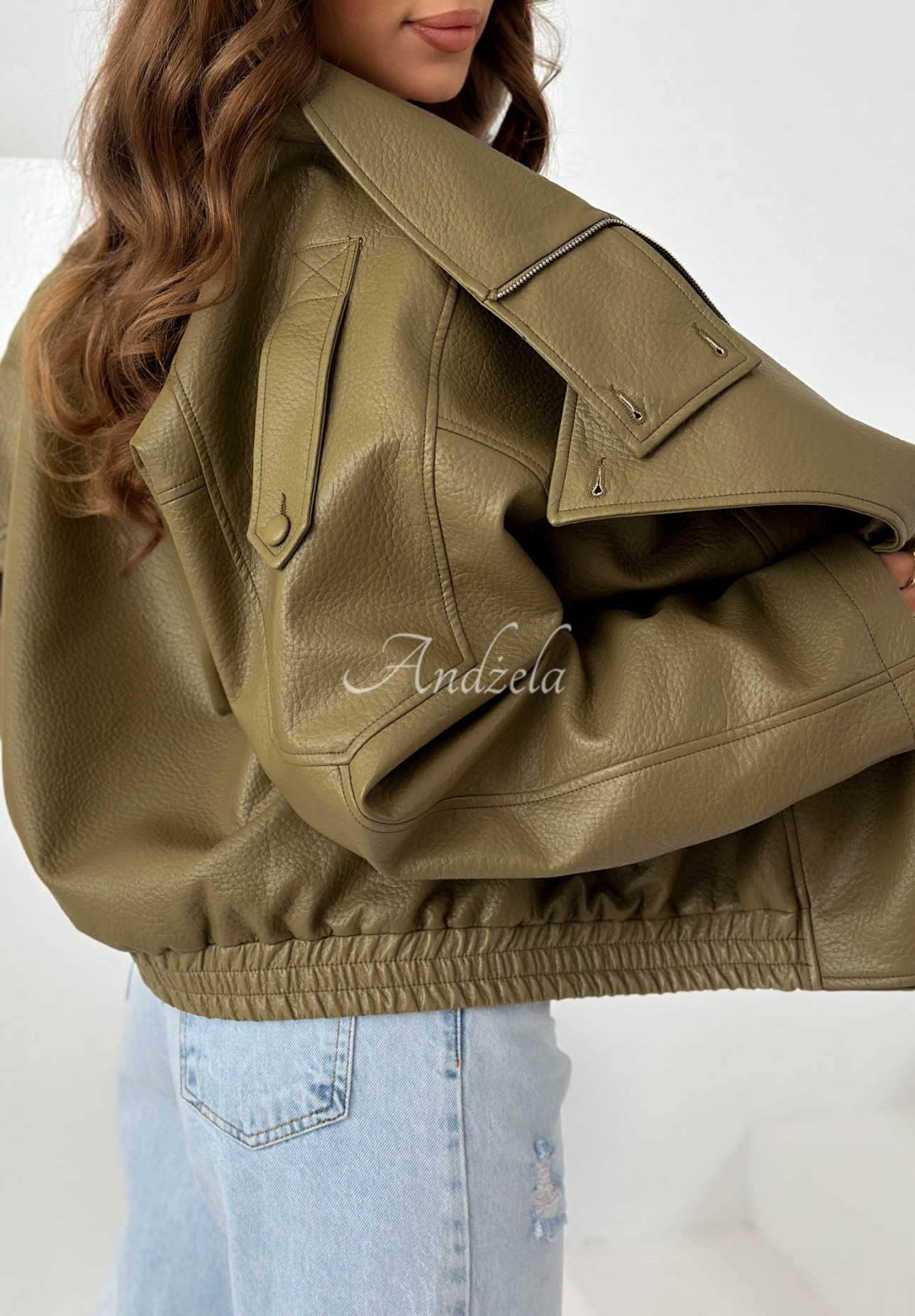 Amber Mood Olive Green Leather Jacket with Drawstring