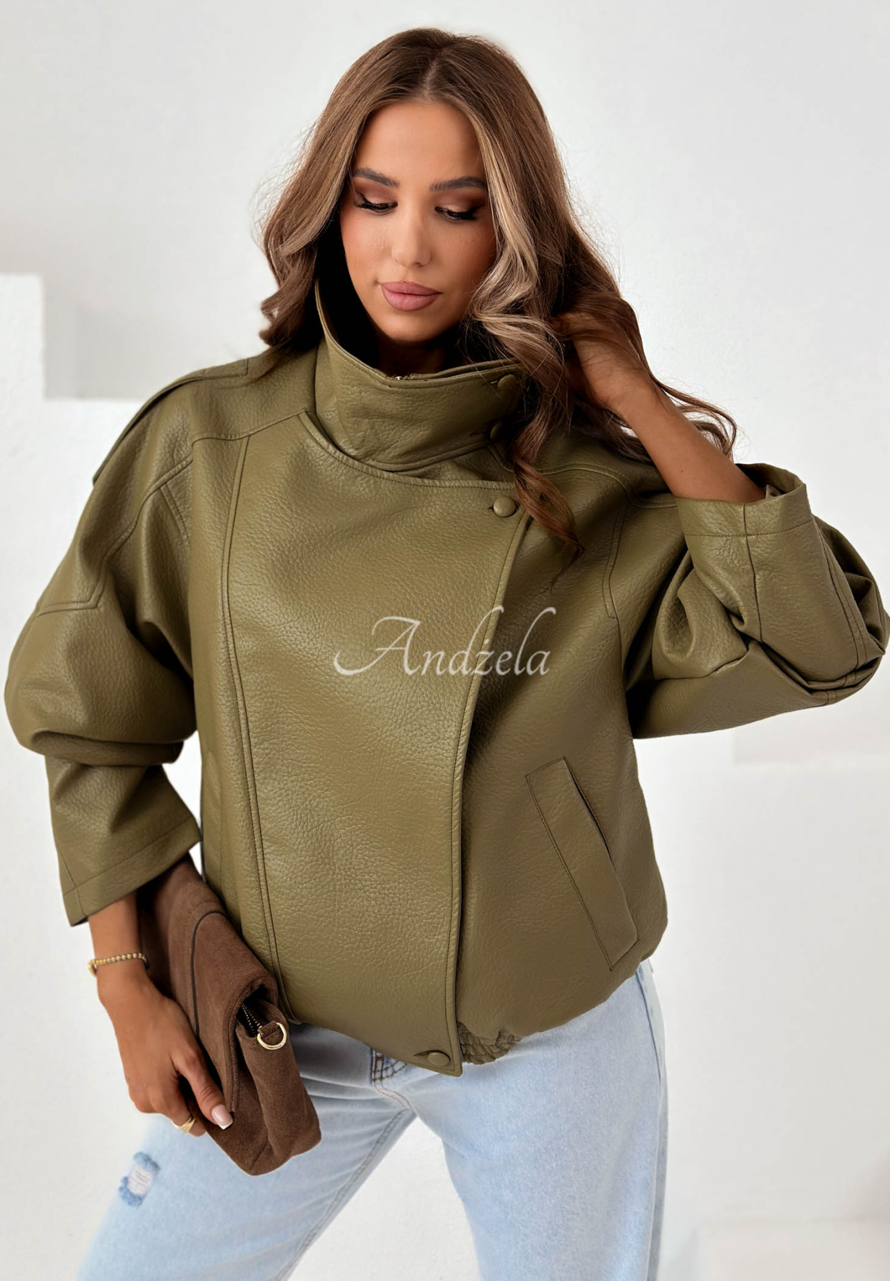 Amber Mood Olive Green Leather Jacket with Drawstring