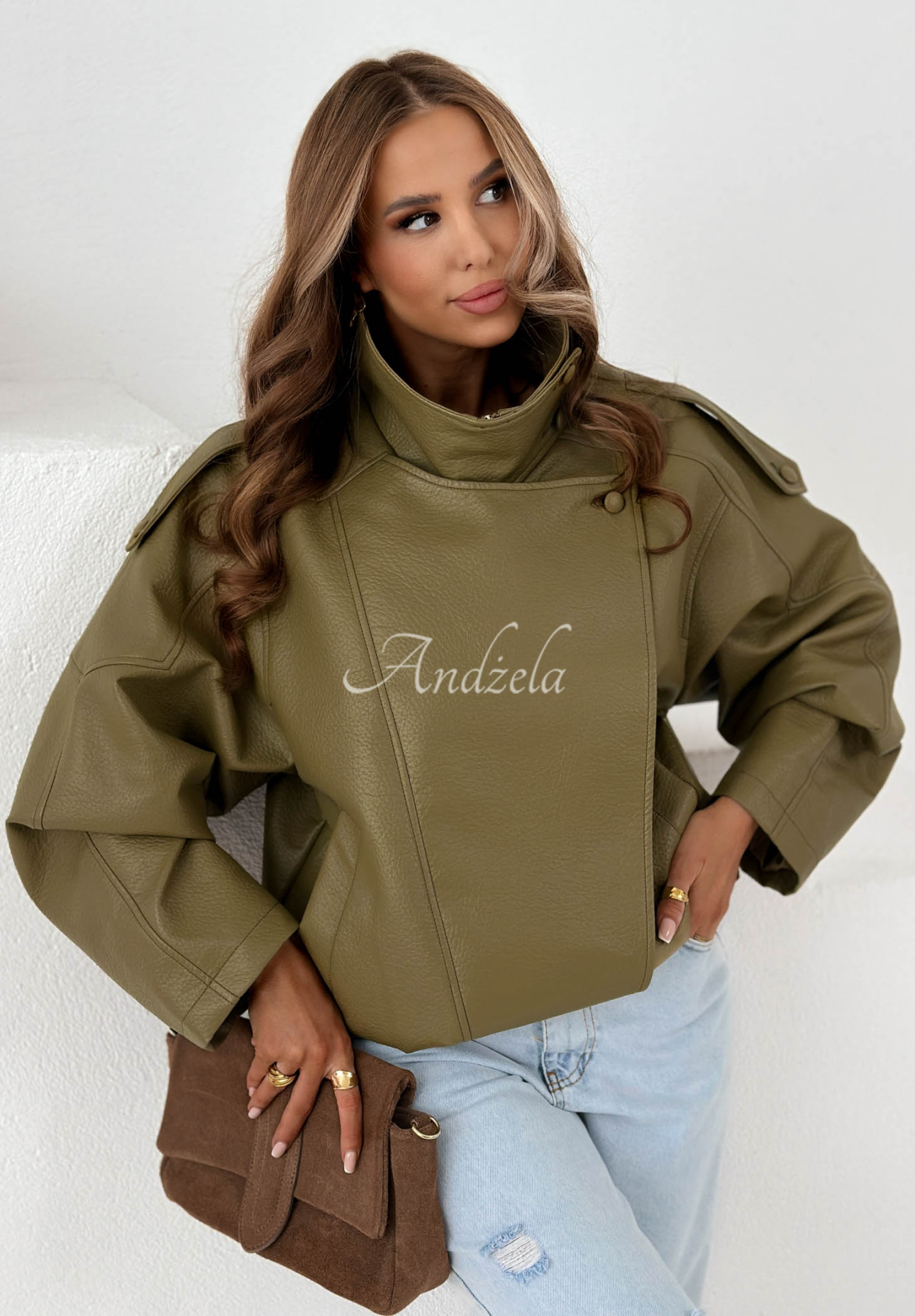 Amber Mood Olive Green Leather Jacket with Drawstring