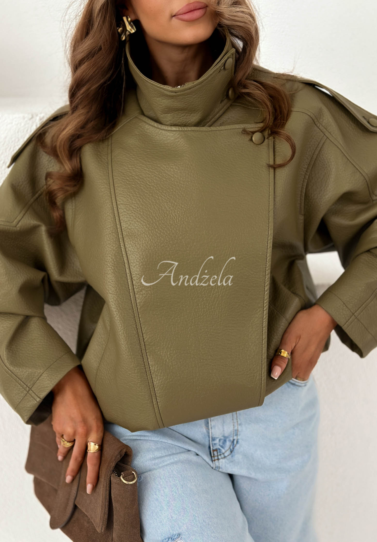 Amber Mood Olive Green Leather Jacket with Drawstring