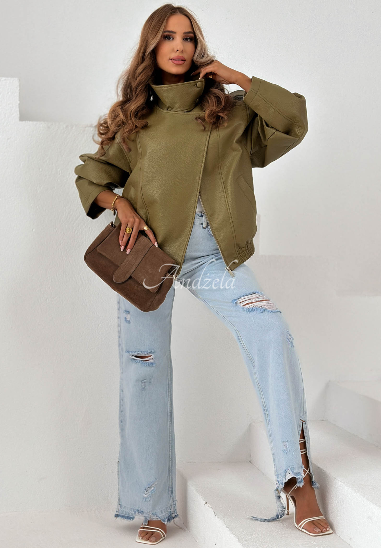 Amber Mood Olive Green Leather Jacket with Drawstring